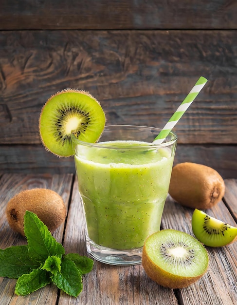 Jugo de kiwi verde sobre fondo de madera Bebida saludable en un vaso Bebida de verano de dieta