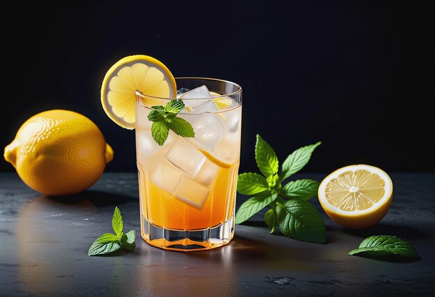 Jugo de limón en un vaso transparente con hojas de menta