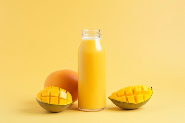 Foto jugo de mango de ángulo alto en botella