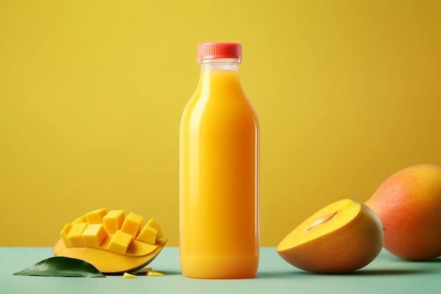 Foto jugo de mango en botella de frente