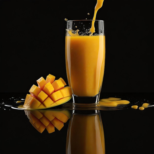 Foto jugo de mango en un fondo de estudio reflectante negro