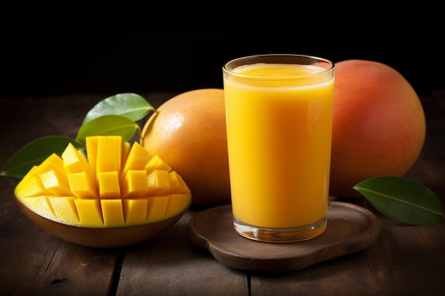 Foto jugo de mango y mango en una mesa