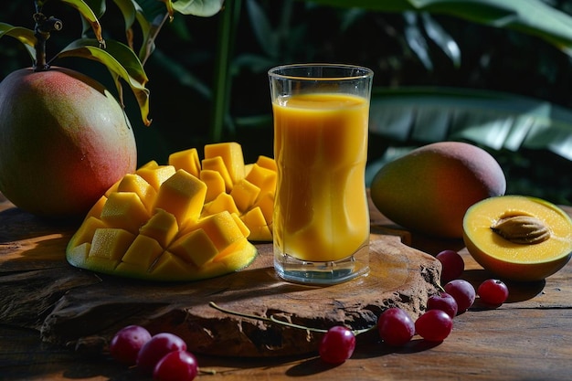 Jugo de mango en la mesa del suelo de madera