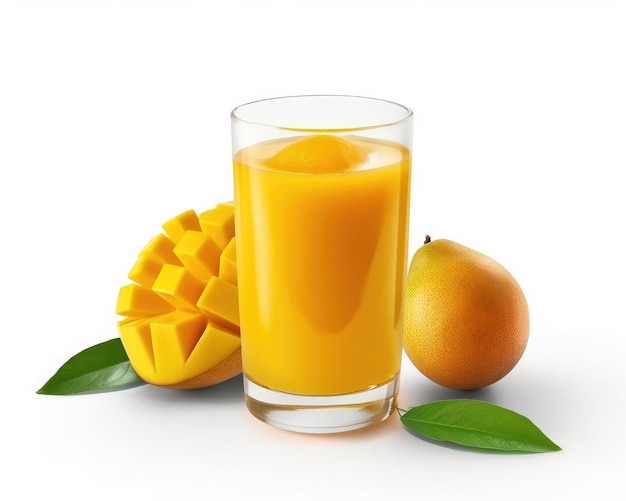 Jugo de mango con toques de fruta de mango en una foto de estudio de fondo blanco aislado