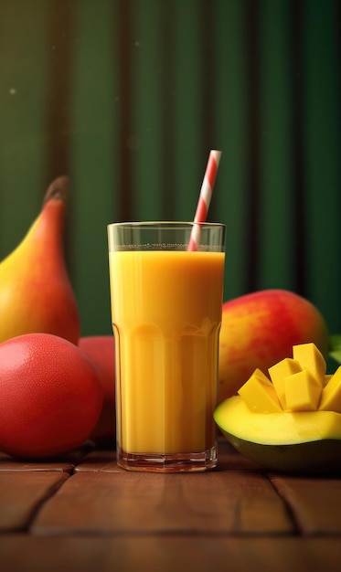 Jugo de mango con toques de fruta de mango en el restaurante de fondo de estudio con jardín