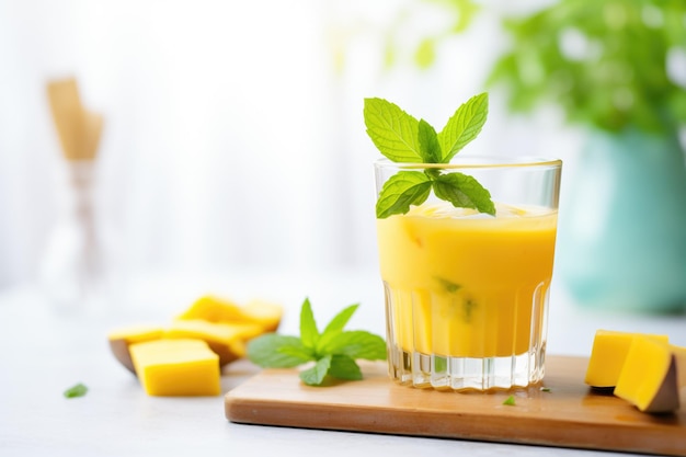 Jugo de mango en vaso con cubitos de hielo y hojas de menta