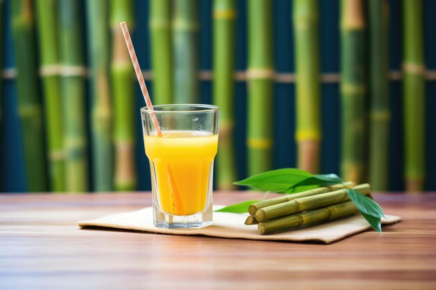 Foto jugo de mango en vaso con hojas tropicales de paja de bambú como telón de fondo