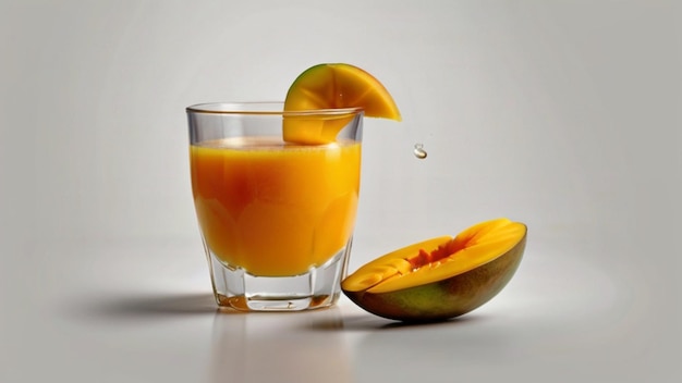 Foto jugo de mango en un vaso con una rebanada de mango sobre un fondo gris