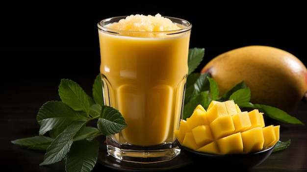 Jugo de mango en un vaso sobre fondo oscuro