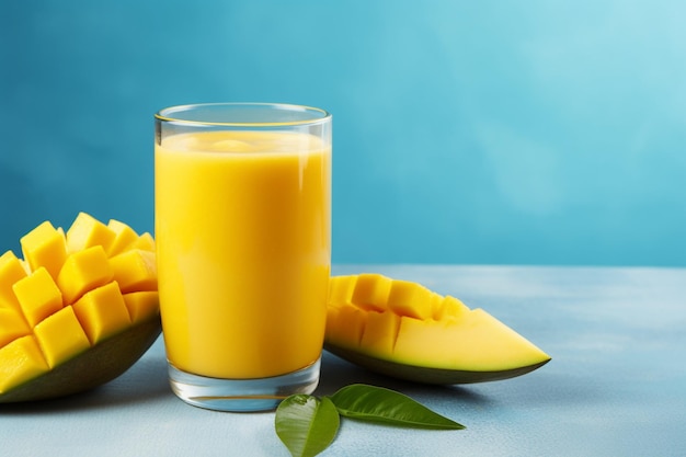 Jugo de mango en el vaso sobre superficie azul