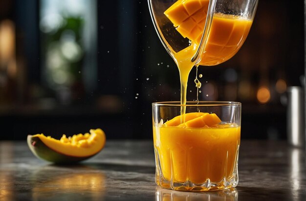 El jugo de mango se vierte en un elegante vaso de cóctel