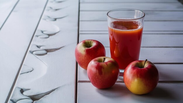 Foto jugo de manzana con manzanas rojas en una mesa de madera blanca