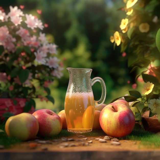 Jugo de manzana con toques de fruta de manzana en el restaurante de fondo de estudio con jardín