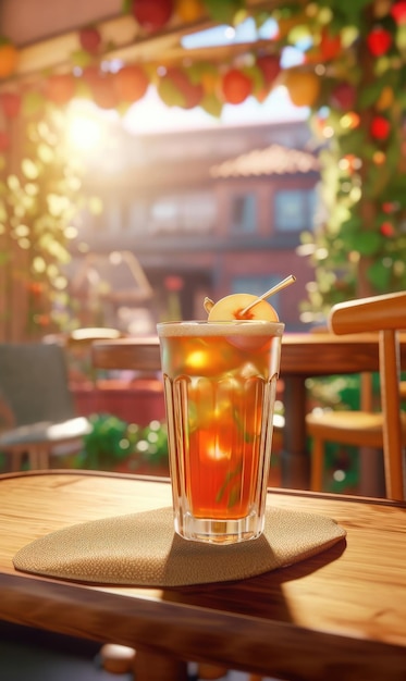 Jugo de manzana con toques de fruta de manzana en el restaurante de fondo de estudio con jardín