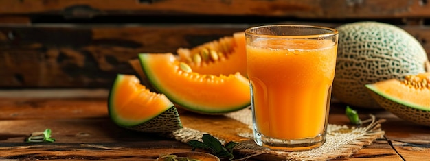 Jugo de melón en el vaso de la mesa de madera