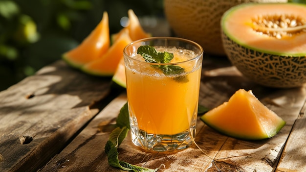 Jugo de melón en el vaso de la mesa de madera