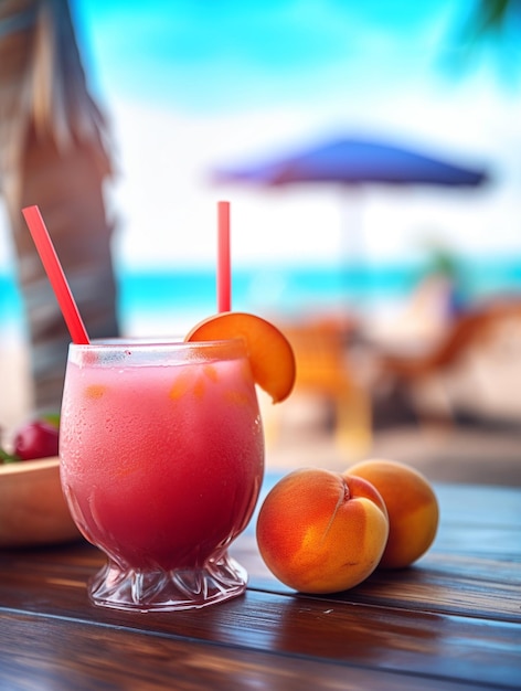 Jugo en la mesa con fondo de playa