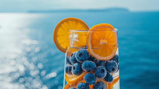 jugo de naranja y arándano fresco y jugoso en la orilla del mar