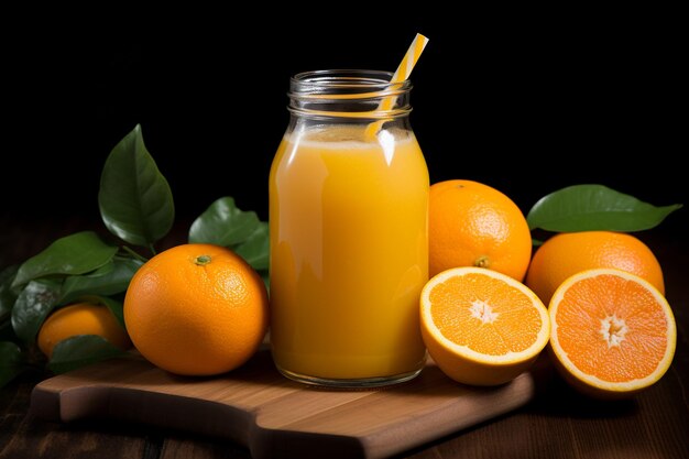 Jugo de naranja en una botella y naranjas