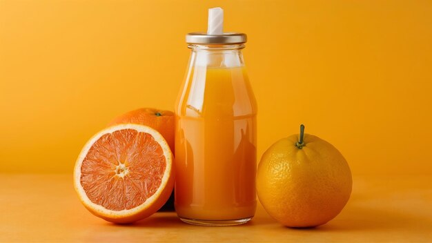 Jugo de naranja en una botella y naranjas