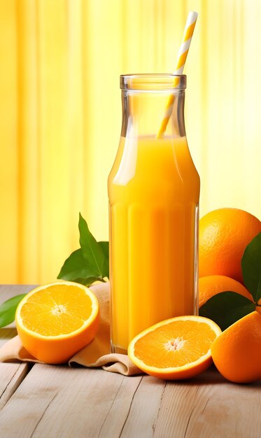 Jugo de naranja en una botella de vidrio y naranjas