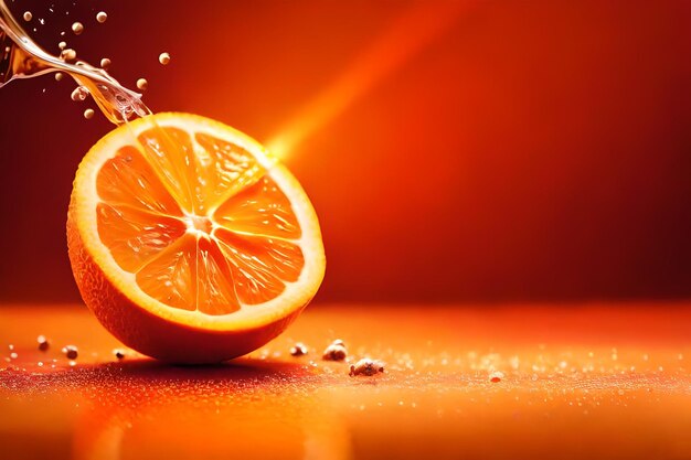 El jugo de naranja es una fruta que se vierte en una gota de agua.