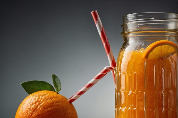 Jugo de naranja en un frasco de albañil con una paja a rayas