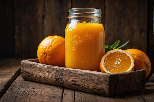 Jugo de naranja en un frasco de masón con un r