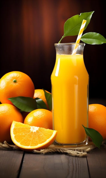 Jugo de naranja fresco en una botella de vidrio con frutas frescas