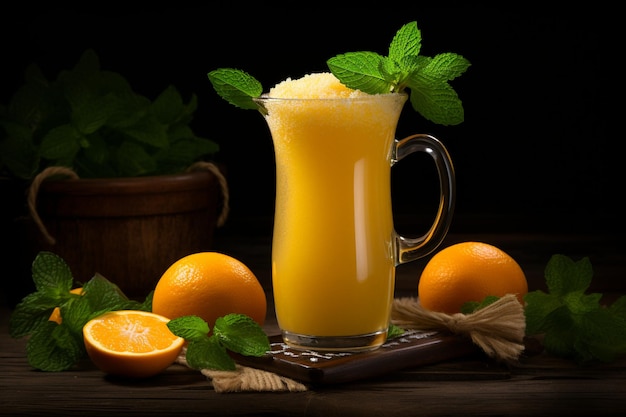 Jugo de naranja fresco en frasco de vidrio con menta