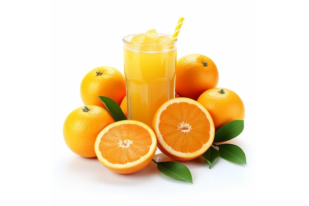 Jugo de naranja fresco con frutas aislado en blanco