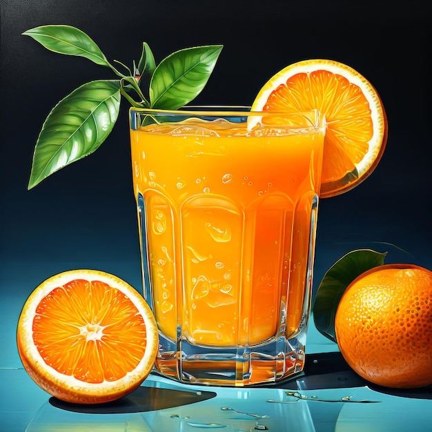 jugo de naranja fresco con naranja y hielo generado por AI