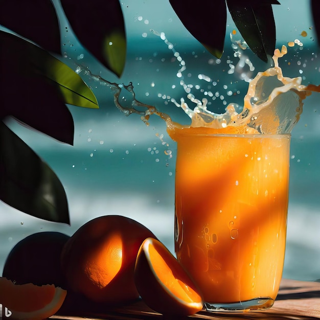 Jugo de naranja fresco Splash escena tropical en segundo plano.