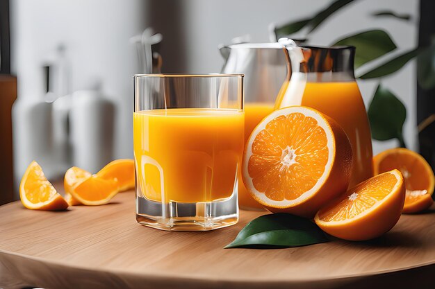 Jugo de naranja fresco en una taza de vidrio junto a un papel tapiz naranja en rodajas