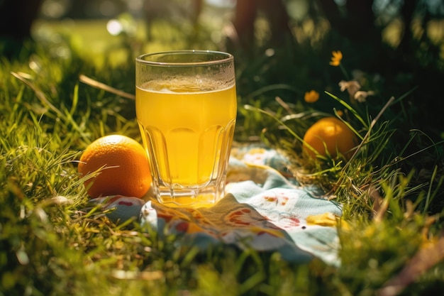 Jugo de naranja fresco en vaso Fondo verde de hierba en el jardín