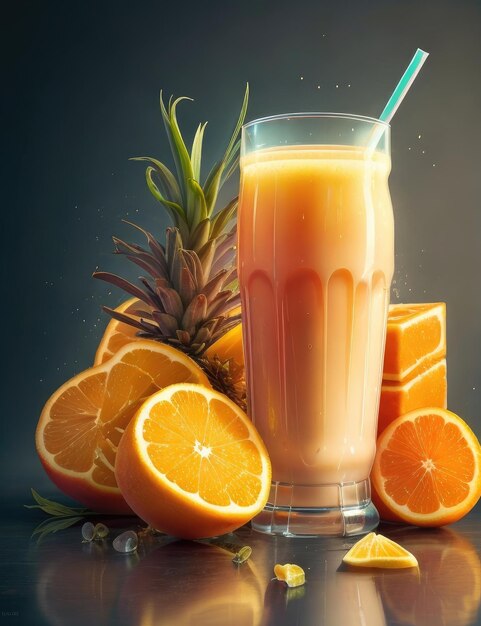 Foto jugo de naranja fresco en un vaso y frutas frescas sobre un fondo oscuro