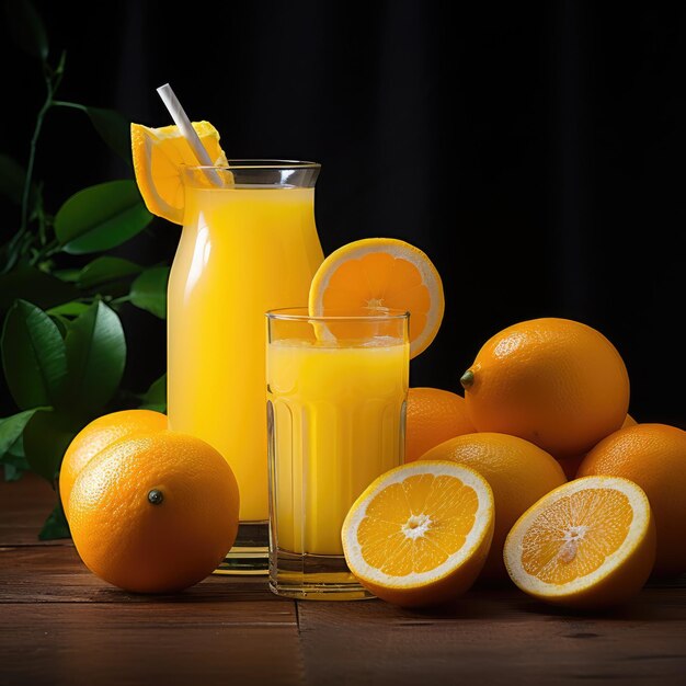 Jugo de naranja fresco en un vaso y una jarra con naranjas enteras y cortadas en una mesa de madera