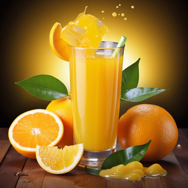 Jugo de naranja fresco en un vaso en una mesa de madera con naranjas y hojas IA generativa