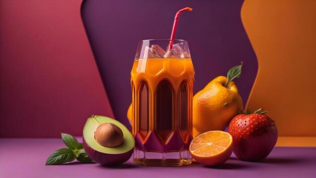 Jugo de naranja fresco en un vaso con una pajita sobre un fondo púrpura