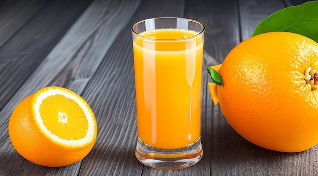 Jugo de naranja fresco en el vaso sobre un fondo de madera oscura