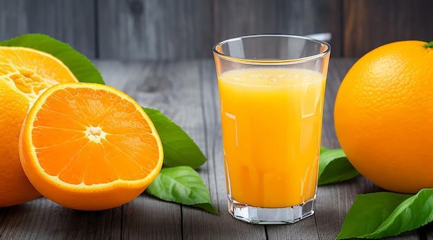 Jugo de naranja fresco en el vaso sobre un fondo de madera oscura