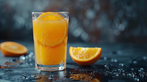 Jugo de naranja fresco en el vaso sobre fondo oscuro Ai generativo