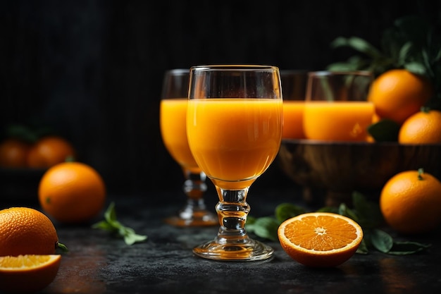 Jugo de naranja fresco en el vaso sobre fondo oscuro