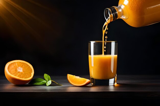 jugo de naranja fresco en el vaso sobre un fondo oscuro