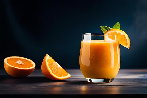 jugo de naranja fresco en el vaso sobre un fondo oscuro