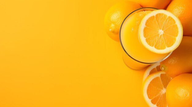 Foto jugo de naranja con fruta fresca sobre fondo amarillo