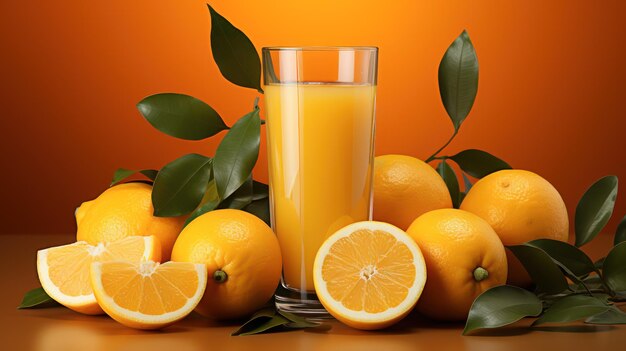 jugo de naranja con naranjas en el fondo