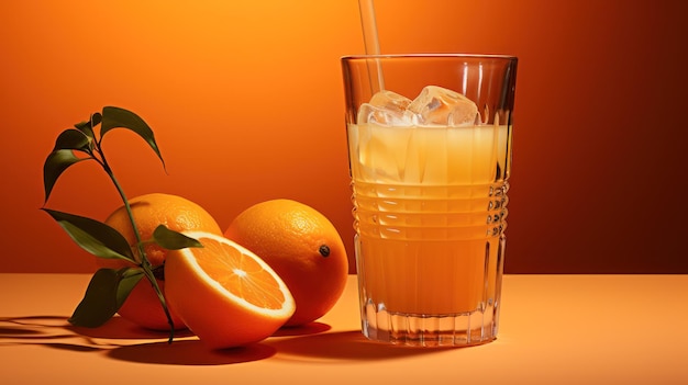 jugo de naranja con naranjas en el fondo