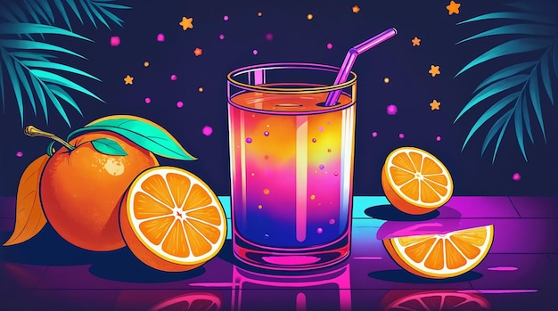 Jugo de naranja de neón retro con naranjas