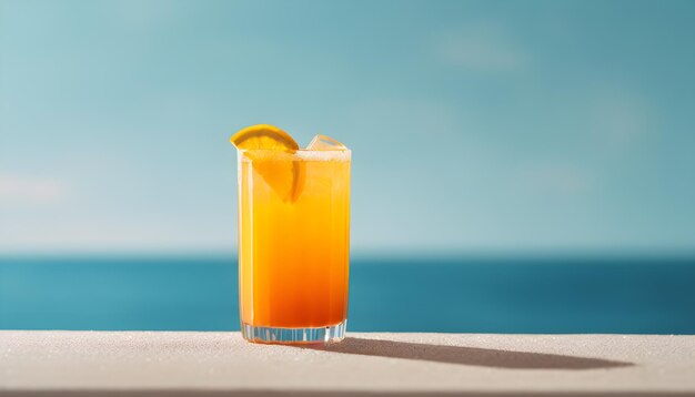 Jugo de naranja en un paisaje de playa